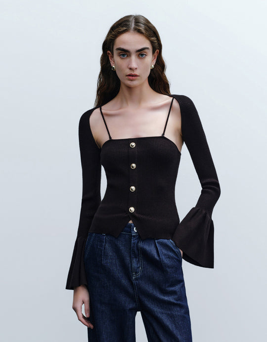 2 In 1 Square-cut Collar Knitted T-Shirt