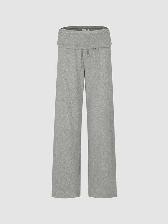 Wide-Leg Fold-Over Waistband Thick Stretch Knit Pants