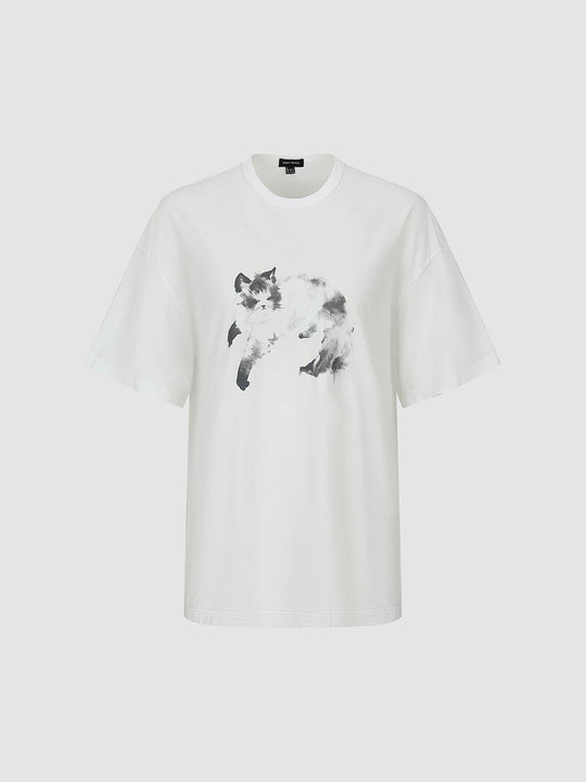 Cotton Cat Print Slight Stretch T-Shirts