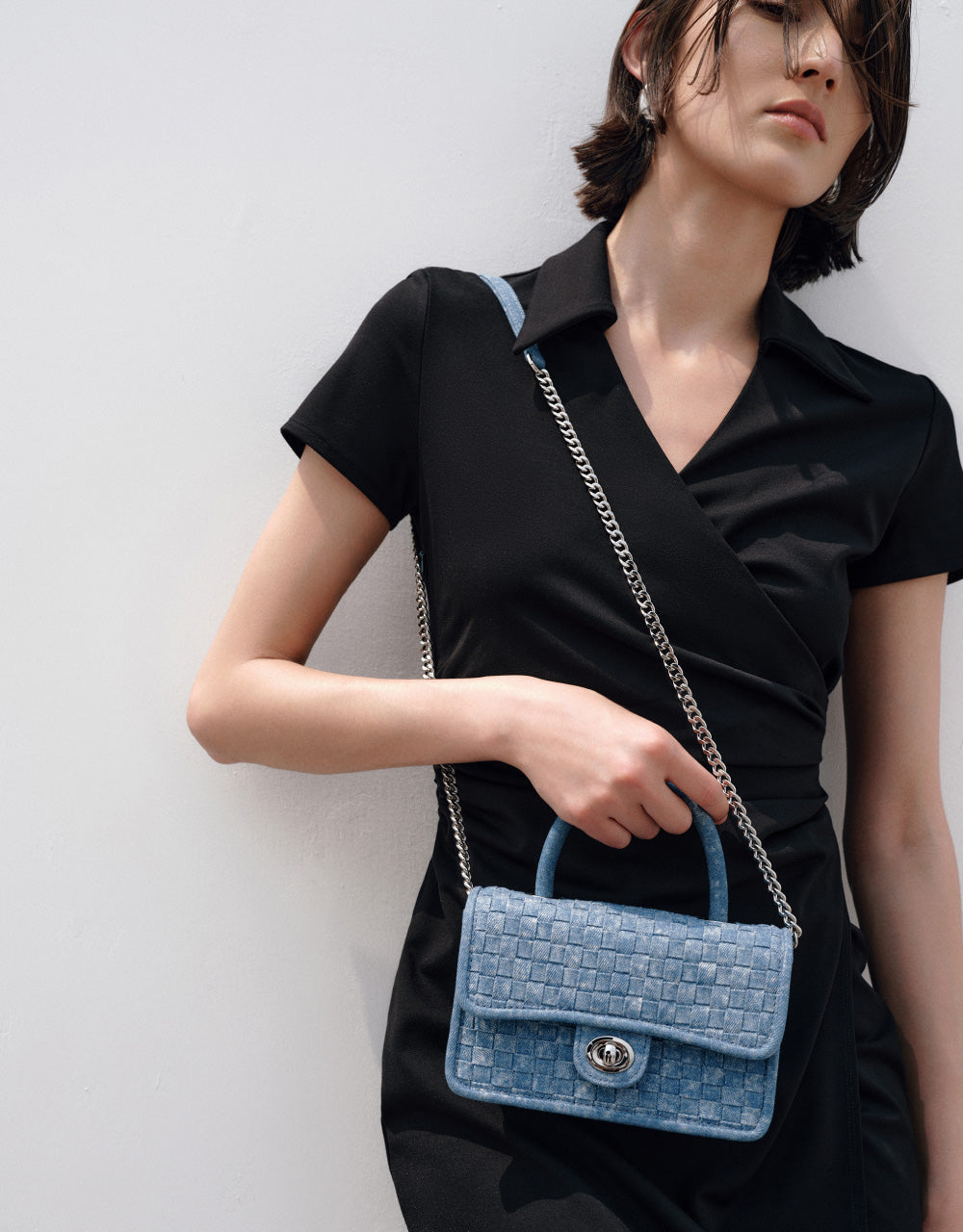 Turn-Lock Braided Denim Shoulder Bag