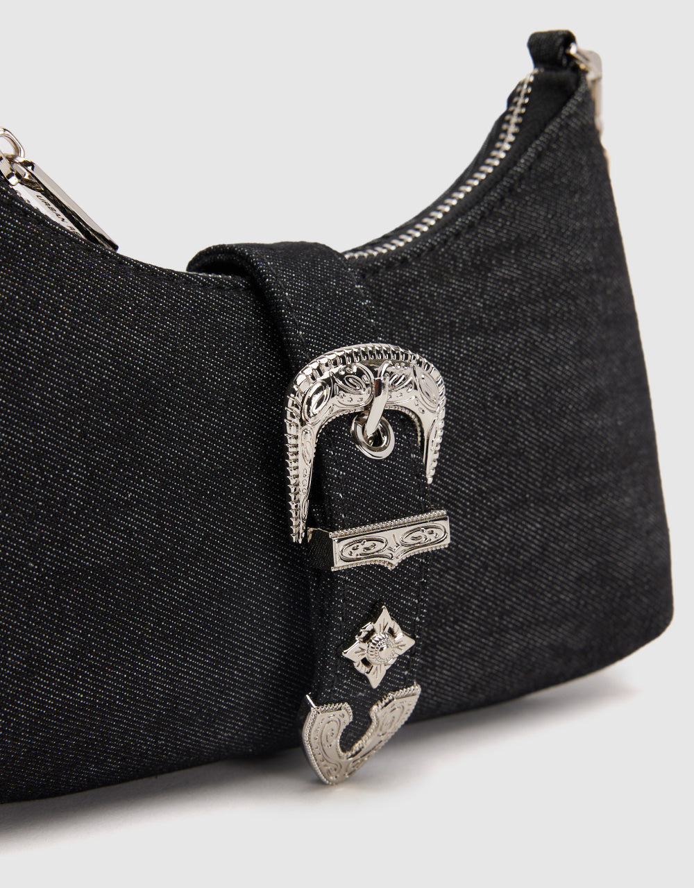 Denim Shoulder Bag With Metal Buckle