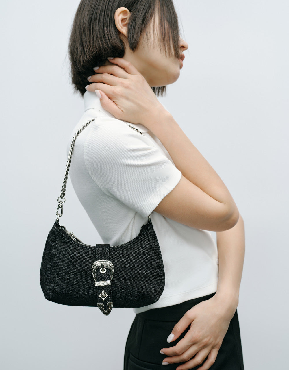 Denim Shoulder Bag With Metal Buckle