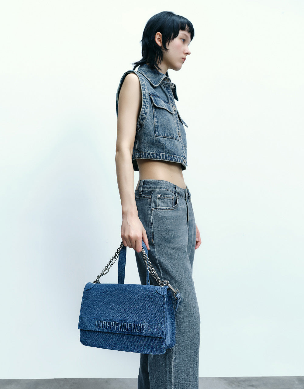 Letter Embossed Denim Shoulder Bag