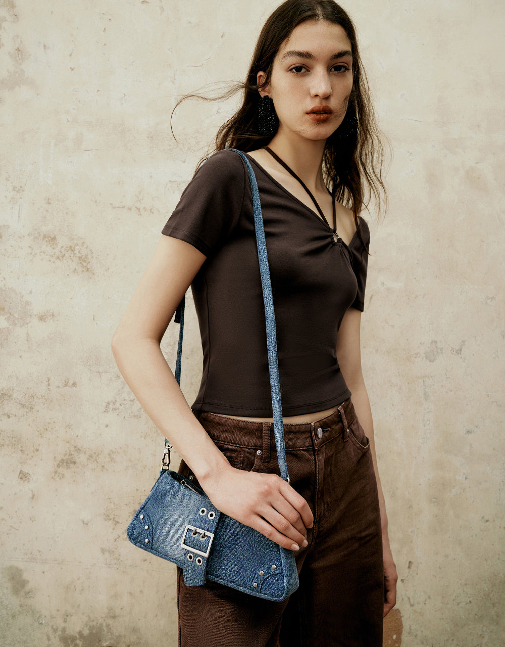 Buckled Denim Shoulder Bag