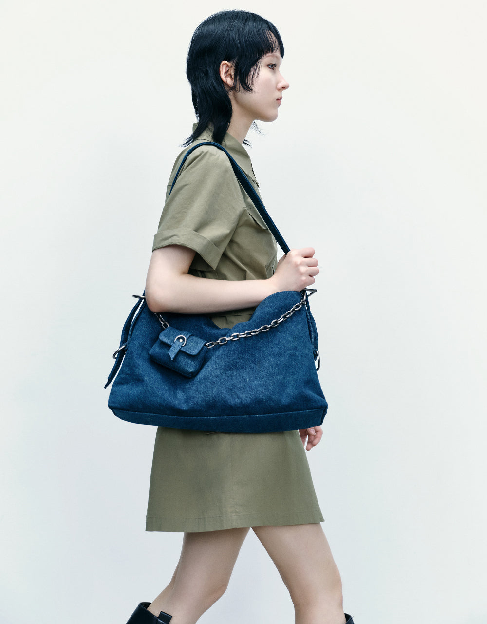 Denim Shoulder Bag With Pouch