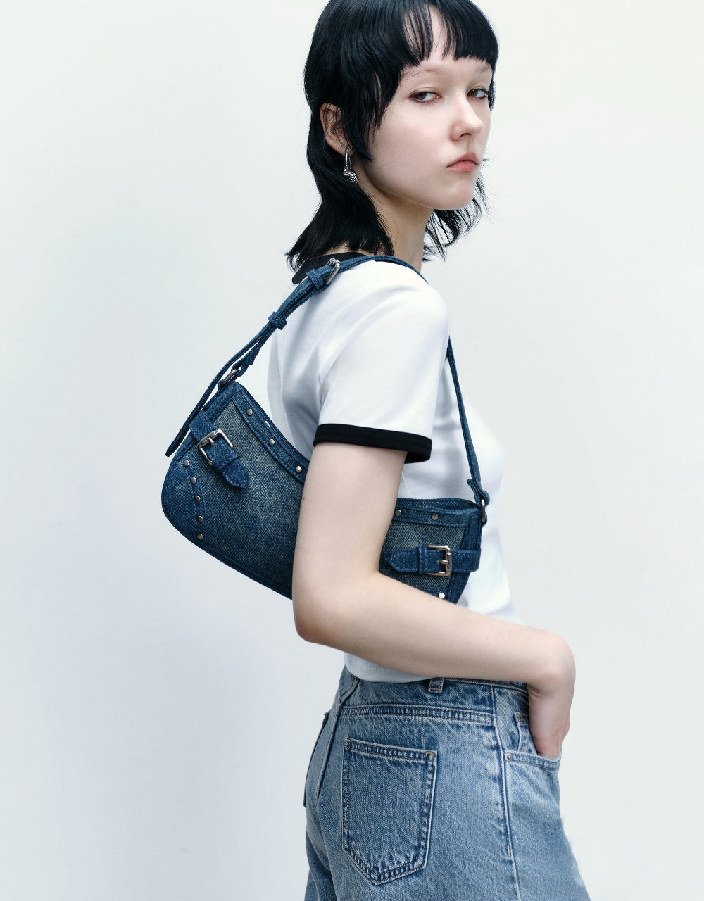 Buckle Décor Denim Shoulder Bag