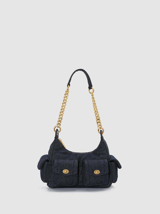 Chain Detail Multi-Pocket Diamond Denim Shoulder Bags