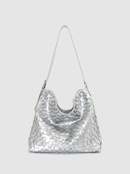 Metallic Silver Woven Faux Leather Hobo Shoulder Bag