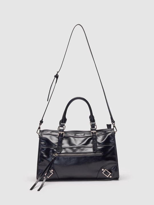Glossy Black Crossbody Tote Front Zip Pocket Bag