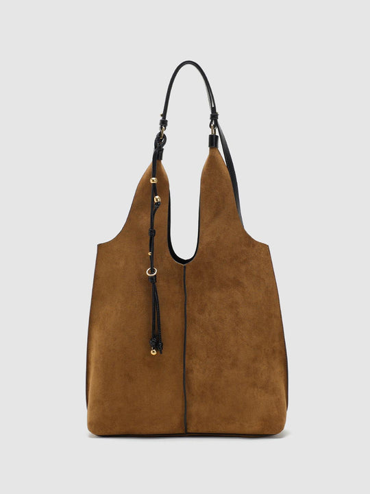 Brown Textile Beaded Tassel Black Strap Shoulder Bag