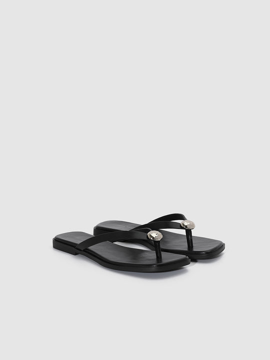 Square Toe Metal Detail Faux Leather Flip Flop Slippers