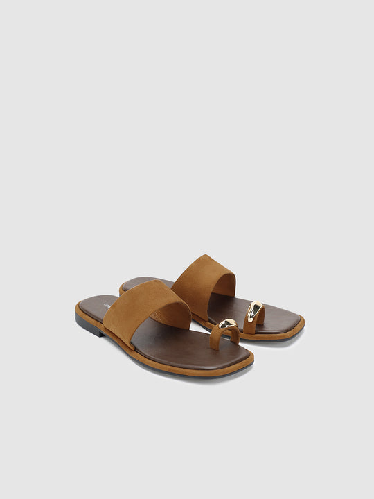 Square Toe Two-Tone Suede Metal Detail Slip On Flat Sandals