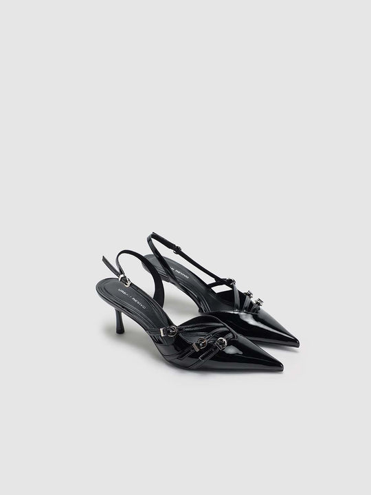 Patent Pointed Toe Buckle Strap Slingback Kitten Heels