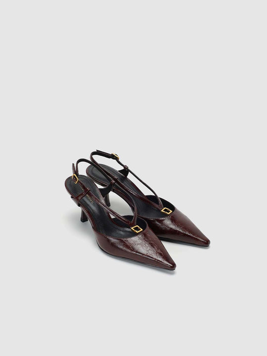 Crinkled Leather Pointed Toe Metal Buckle Slingback Heels