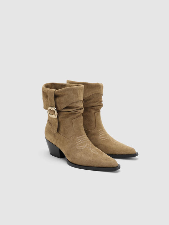 Ruched Western Buckle Pointed Toe Block Heel Boots
