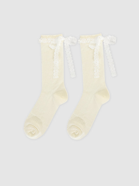 Delicate Lace Trim Knee-high With Ribbon Ties Socks