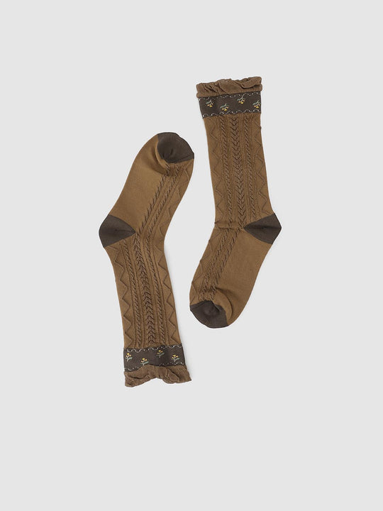 Ruffled Cable Knit Floral Band Brown Socks