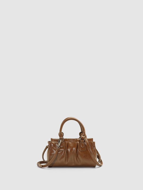 Ruched Brown Top Handle Mini Crossbody Handbag
