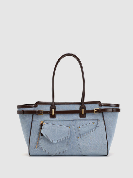 Denim With Gold Tone Hardware Shoulder Bag