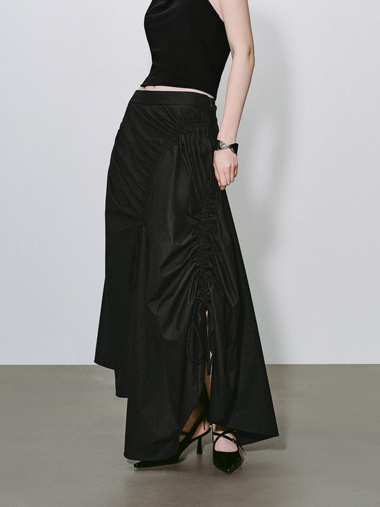 Ruched Drawstring Slit Irregular Hem A-Line Cotton Skirt