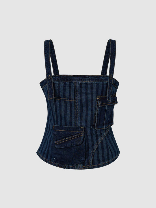 Wide-Strap Vertical Stripe Patch Pocket Cotton Denim Shirt