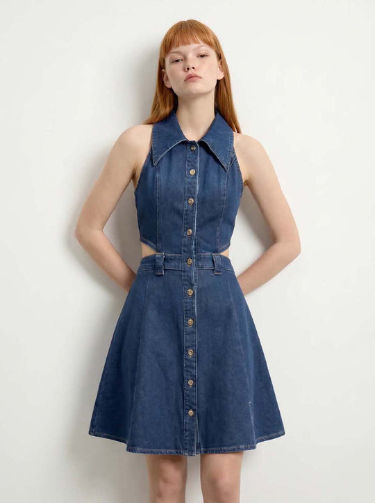Sleeveless Shirt Collar Cutout Button Front Mini Denim Dress