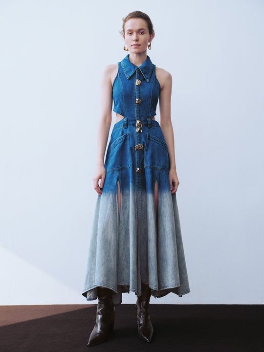 Cutout Sleeveless Cotton Denim Gradient Dress