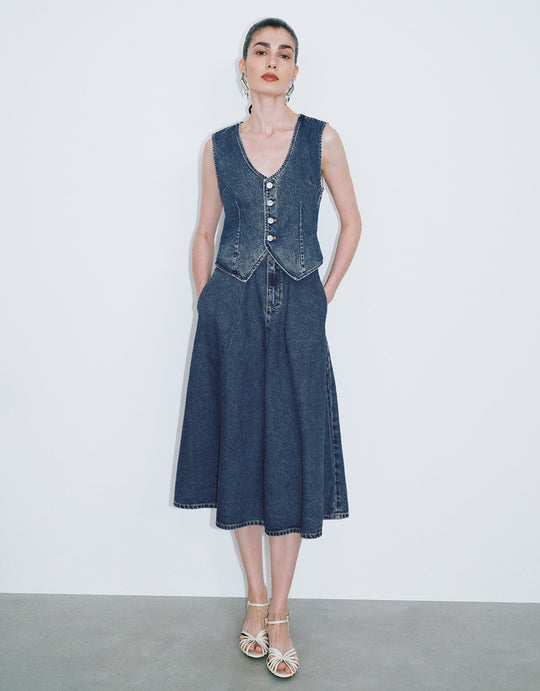 Tailored Button Front Denim Dress Midi Dress
