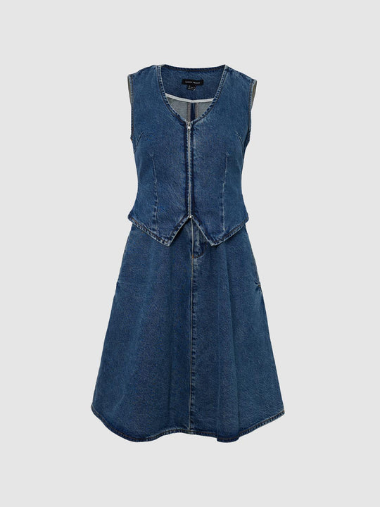 Classic Sleeveless Seam Detail V Neck Denim Dress