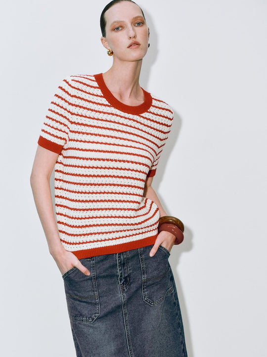 Round Neck Striped Knit Short Sleeve Cotton T-Shirt