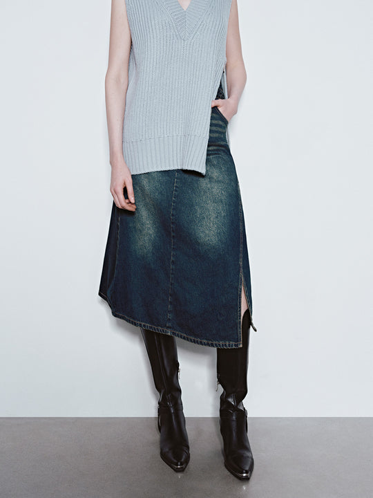Asymmetrical Wrap Panel Seam Washed Midi Denim Skirt