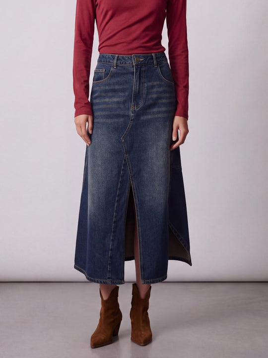 Asymmetrical Wrap Panel Seam Washed Midi Denim Skirt
