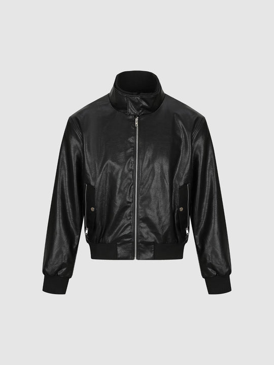 Zipper Front Ribbed Long Sleeve Faux Leather Jacket