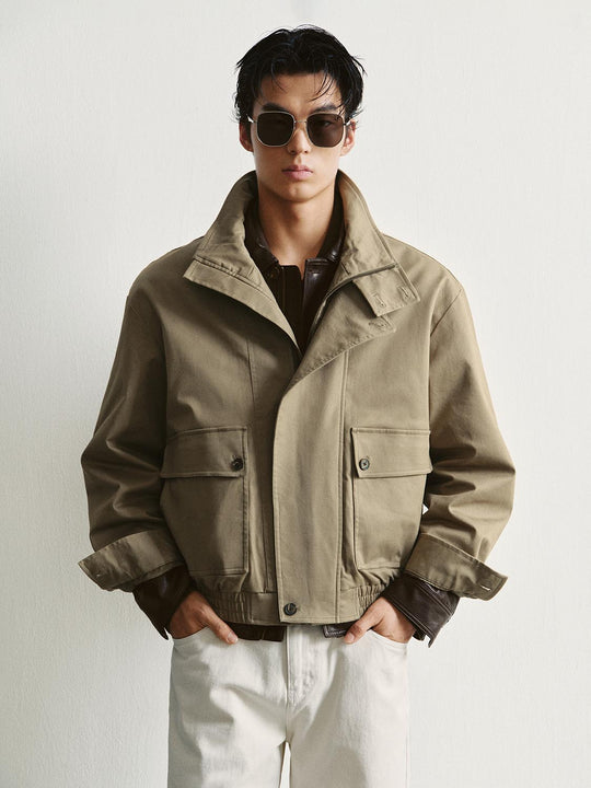 Utility Stand Collar Elastic Hem Cotton Long Sleeve Jacket
