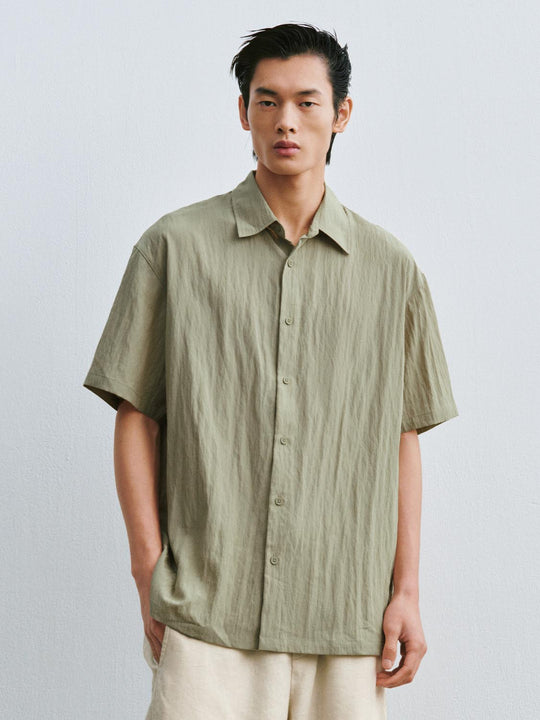 Lyocell Crinkled Textured Short Sleeve Boxy Shirt