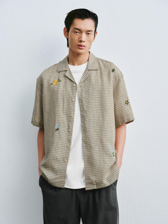 Lyocell Checked Embroidered Short Sleeve Shirts