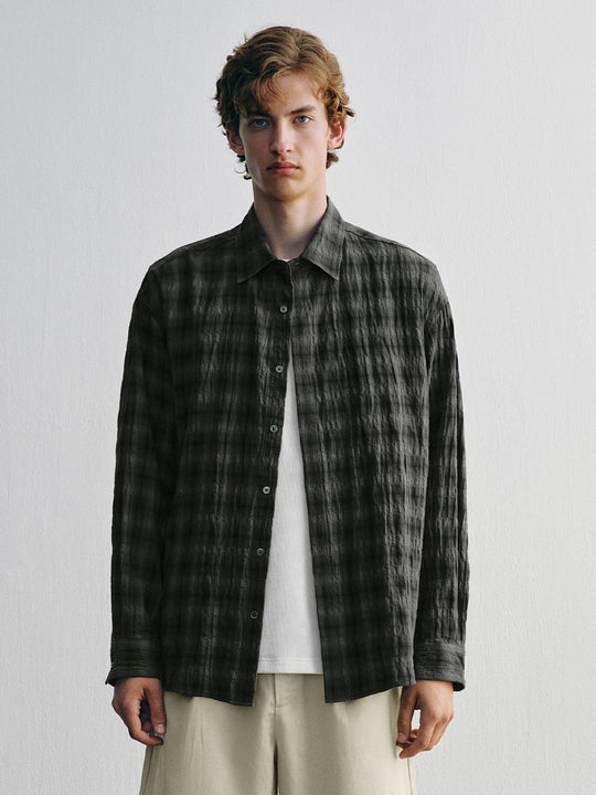 Textured Checked Cotton Long Sleeve Shirt