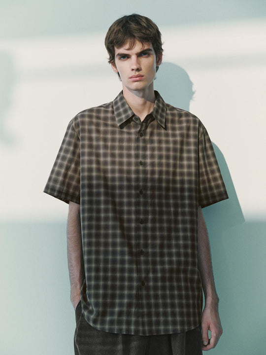 Checked Oversized Shirt Collar Short Sleeve Cotton Shirt