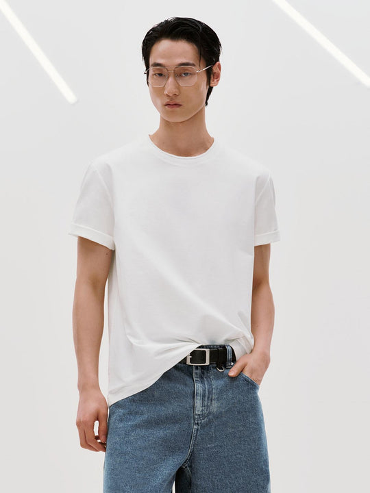 Slight Stretch Ribbed Crew Neck Loose-Fit T-Shirts