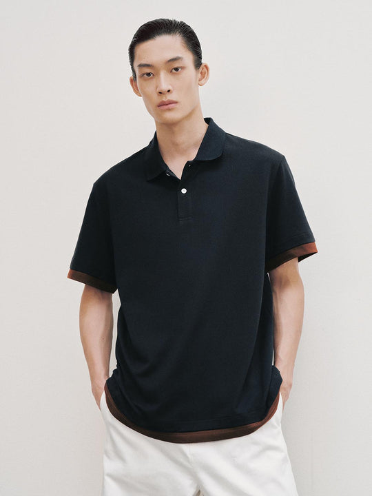 Polo Collar With Brown Sleeve Trim Cotton Shirt