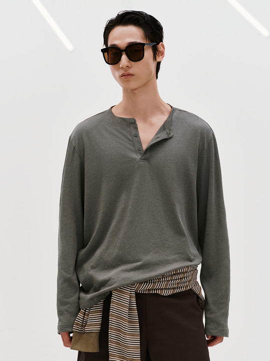 Drop Shoulder Button Neck Cotton Blend T-Shirt