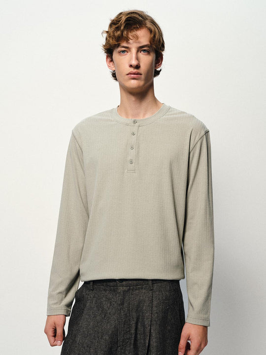 Ribbed Button Crew Neck Long Sleeve T-Shirt