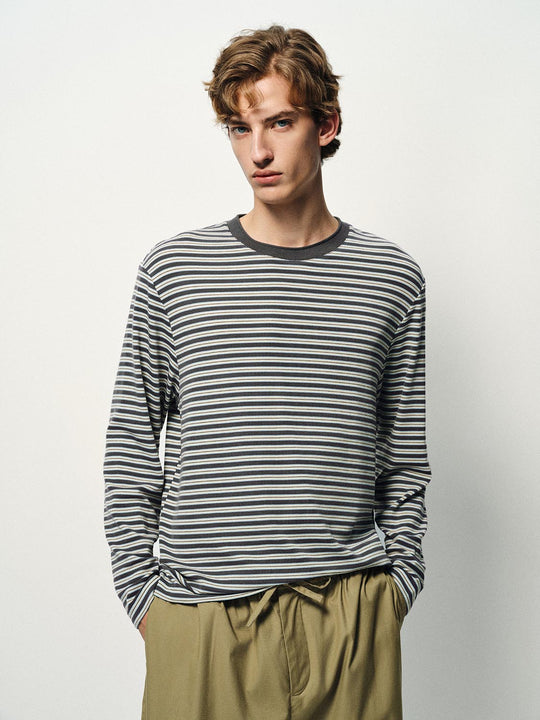 Grey Striped Regular Crew Neck Long Sleeve T-shirt