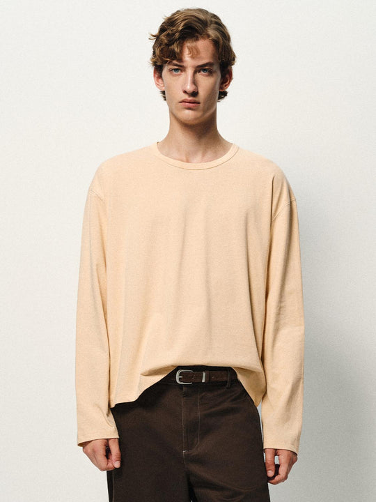 Textured Boxy Crew Neck Long Sleeve Cotton Blend T-Shirt