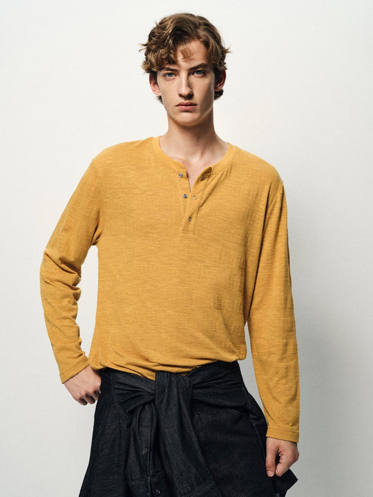 Textured Button Placket Long Sleeve T-Shirt