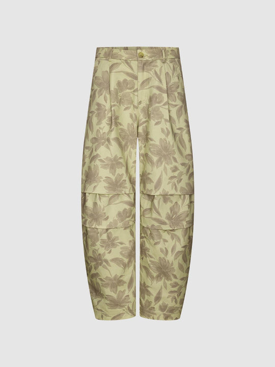 Floral Print Cotton Cargo Wide Leg Layered Barrel Leg Pants