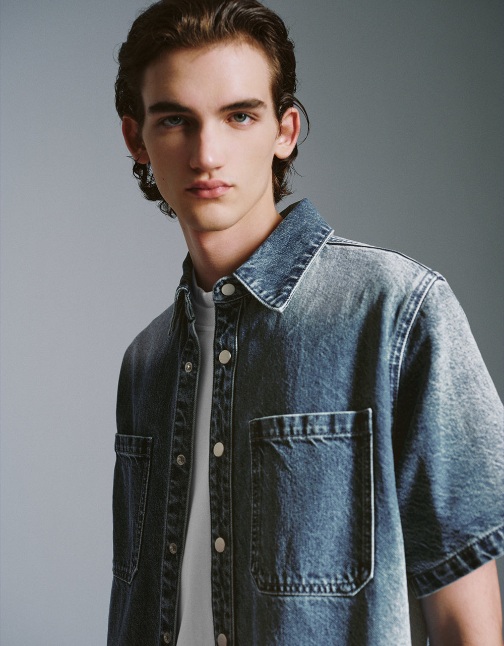 Press Button Straight Denim Shirt