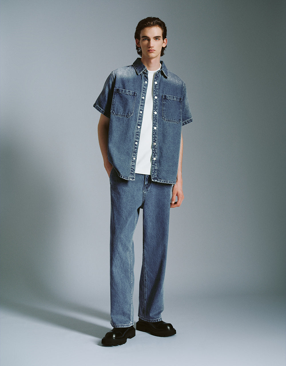 Press Button Straight Denim Shirt