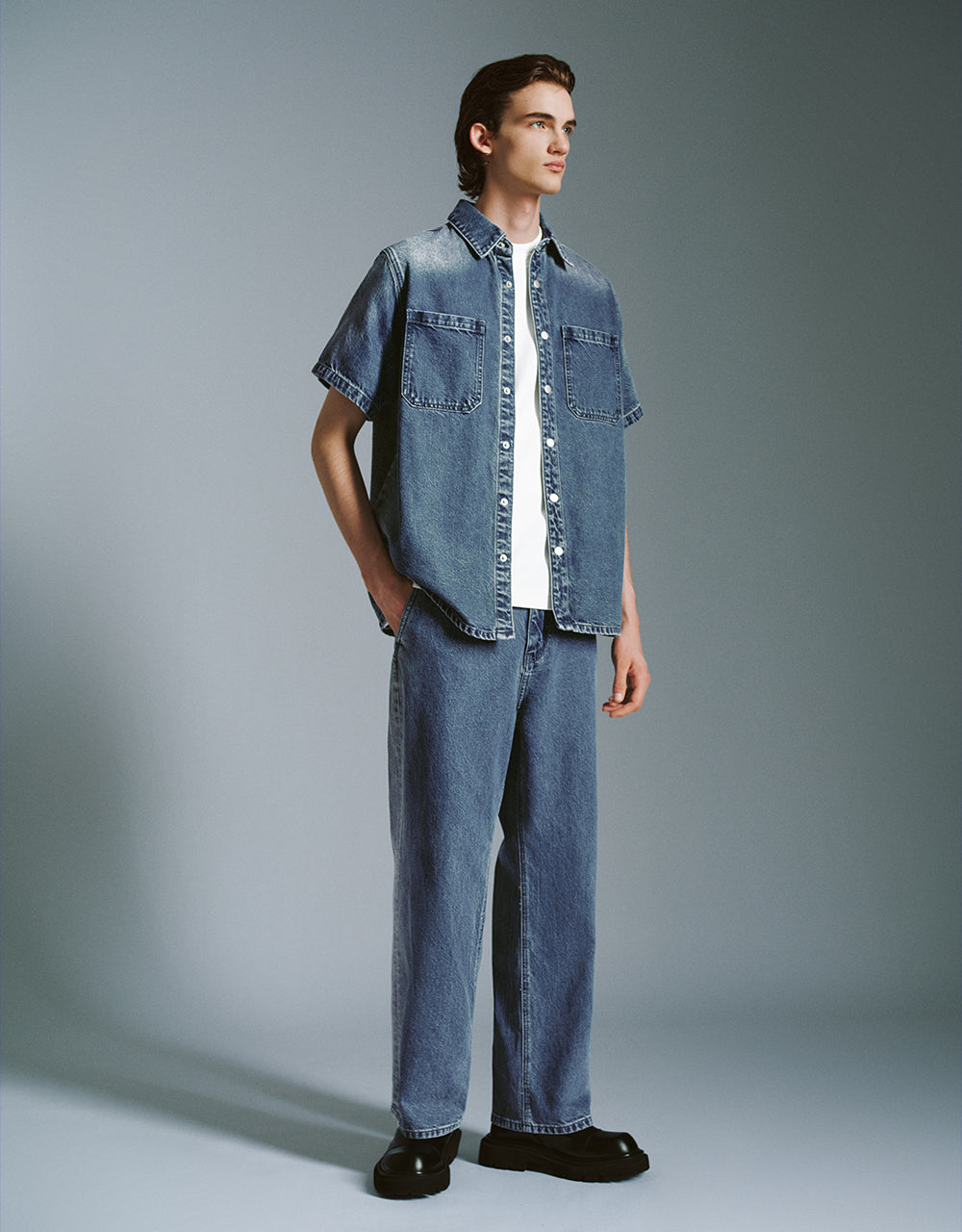 Press Button Straight Denim Shirt