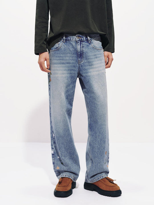Embroidered Floral Faded Wash Wide-leg Cotton Jeans